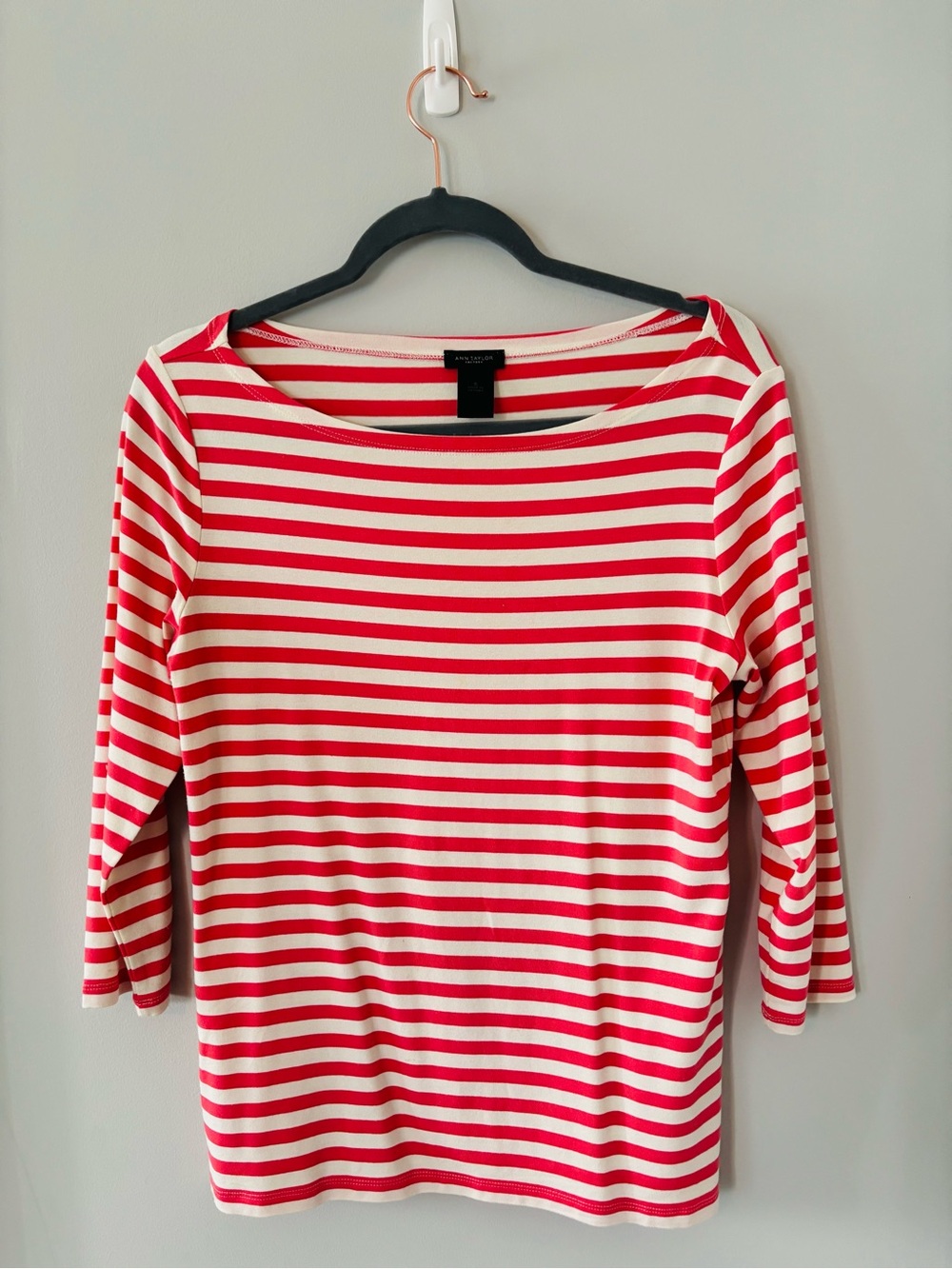 Ann Taylor Factory Red and White Striped Boatneck Long Sleeve Top